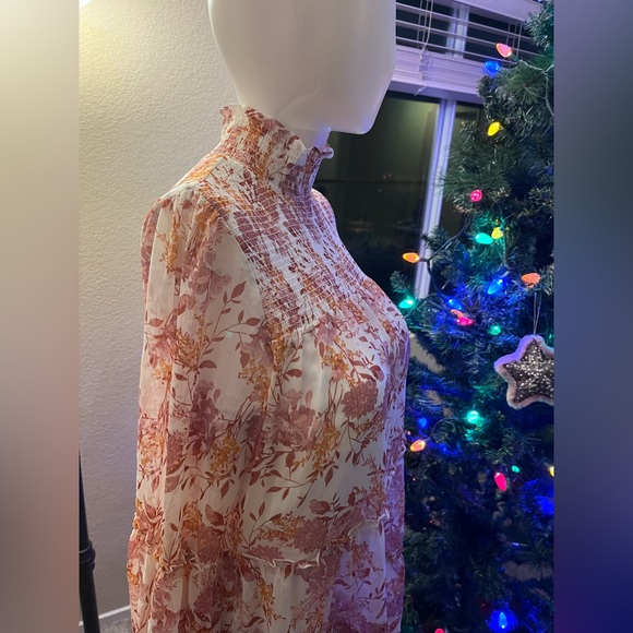 trixxi chiffon dress ivory pink floral mock turtle neck dress junior size M - Picture 2 of 5